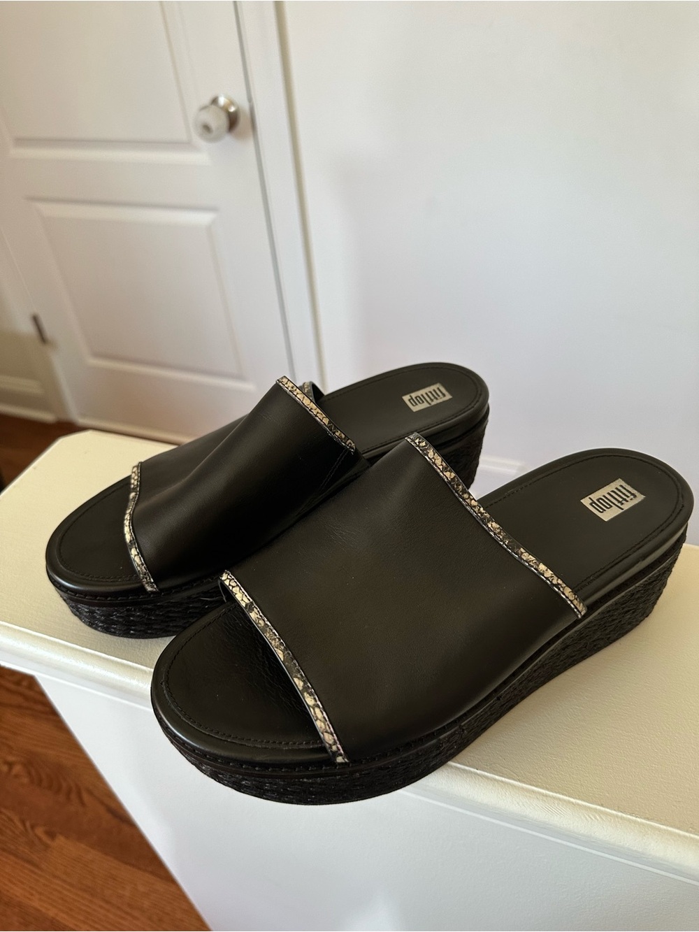 Fitflop Black Platform Slide Sandals with Metallic Trim
